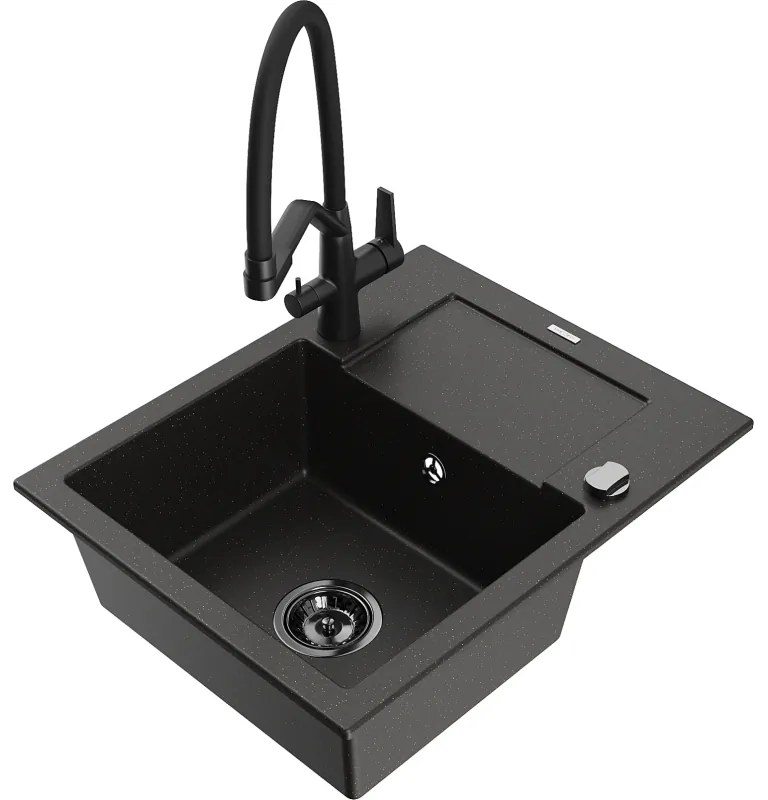 Mexen Enzo egy kamrás gránit mosogató csepegtetővel és Duo konyhai csapteleppel, fekete/arany metál - 6506-75-671701-70-B