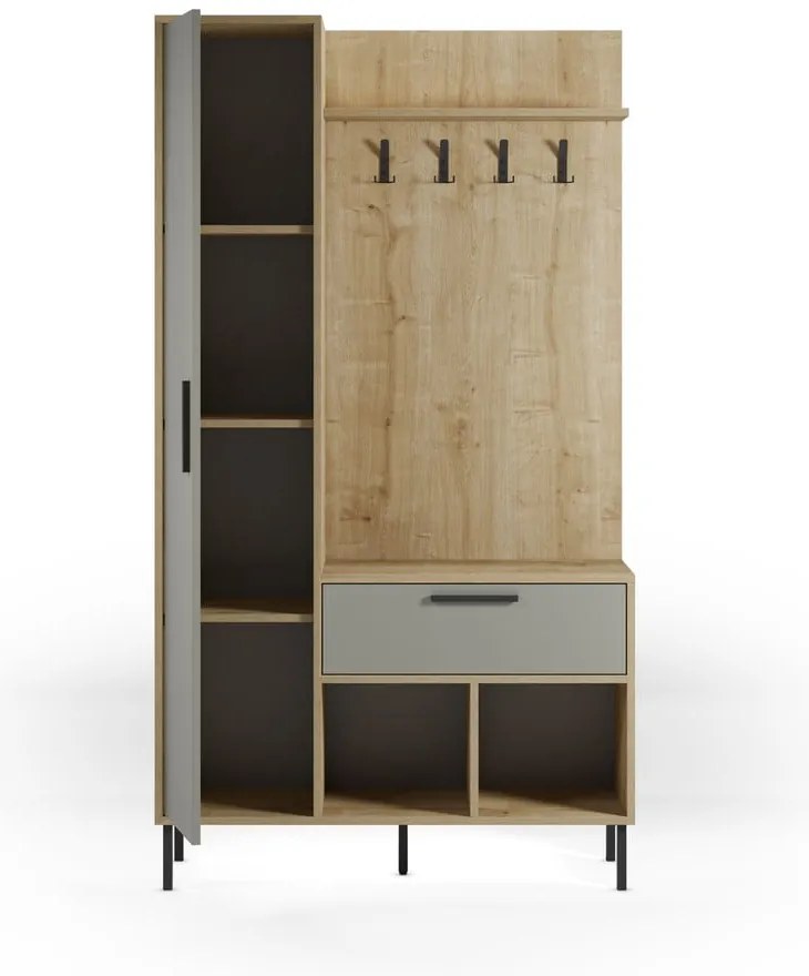 Zöld-natúr színű előszoba bútor tölgyfa dekorral 108x195x35 cm Heidy – Marckeric