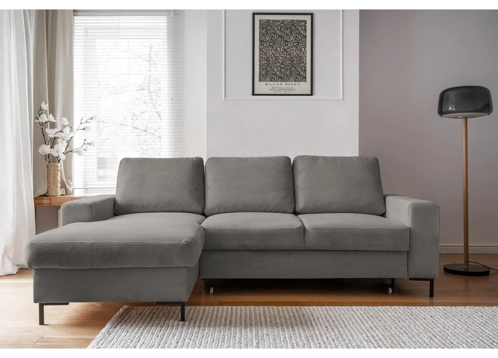Szürke kordbársony kinyitható sarokkanapé (bal oldali) Lofty Lilly – Miuform