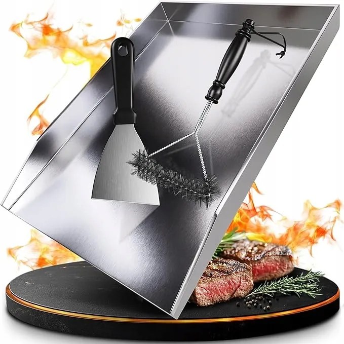 Vastag rozsdamentes acél grilllap 25 x 35 Cm Kefe és spatula