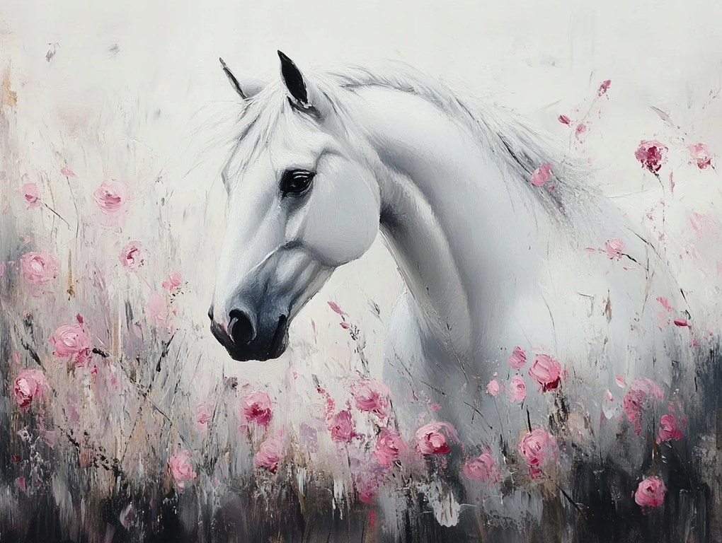 Vászonkép Canvas Olaj Természet Fehér Ló Paripák Virágok Rózsák Rét 100x75