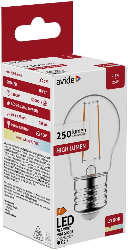 Avide LED Filament Mini Globe 2.5W E27 250LM WW 2700K