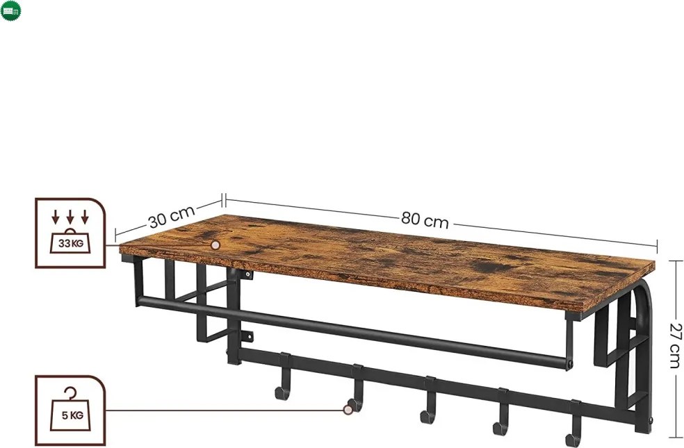Fali ruhafogas akasztókkal és polccal, fekete 80x30x27cm
