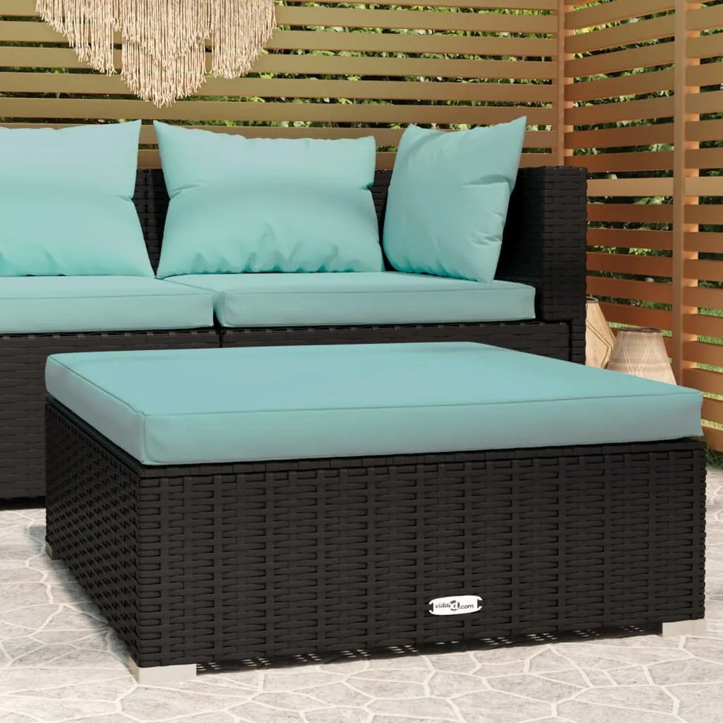 Fekete polyrattan kerti lábtartó párnával 70 x 70 x 30 cm