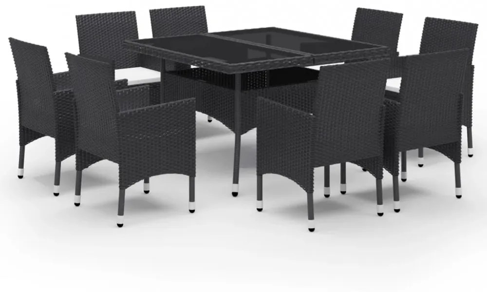 9 részes fekete polyrattan és üveg kerti étkezőgarnitúra