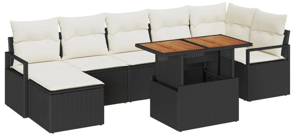8 darabos kertibútor szett párnákkal fekete poli rattan akáccal, 2 fős kertibútor párnákkal fekete poli rattan
