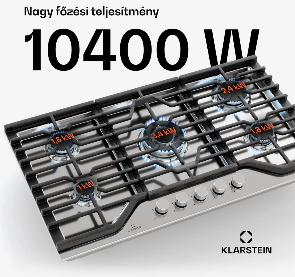 Klarstein Turbocast gáz főzőlap, 304 rozsdamentes acél, 5 égő, professzionális öntöttvas tartó, wok-égő