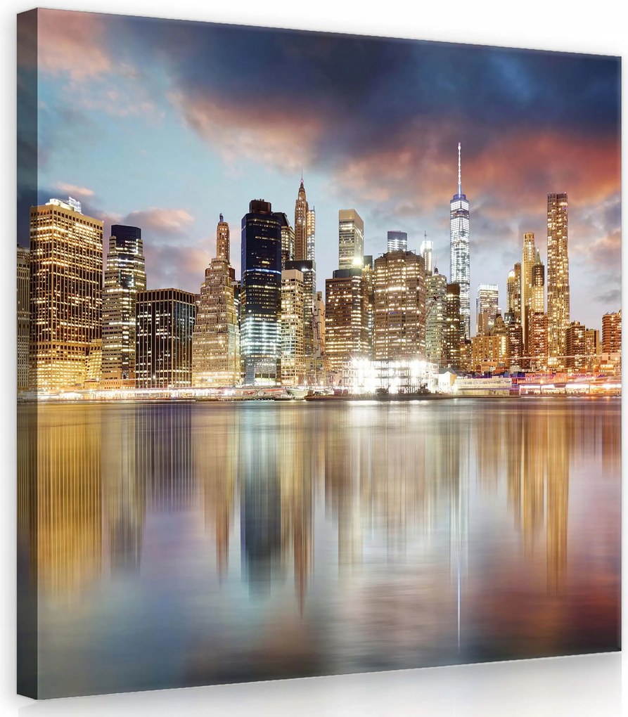 Vászonkép 80x80 Városkép éjszakai város tükröződés a vízben felhőkarcolók