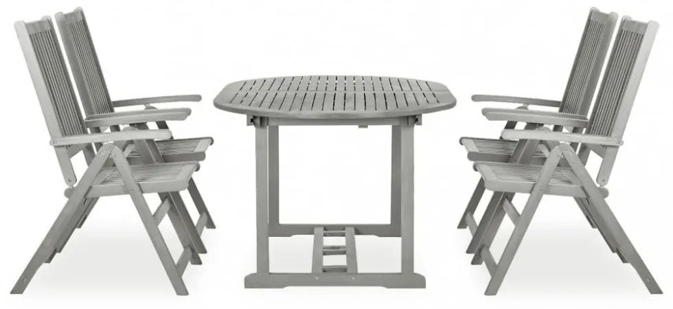 5 darabos, tömör akácfa kerti étkezőgarnitúra (150-200) x 100 cm, szürke