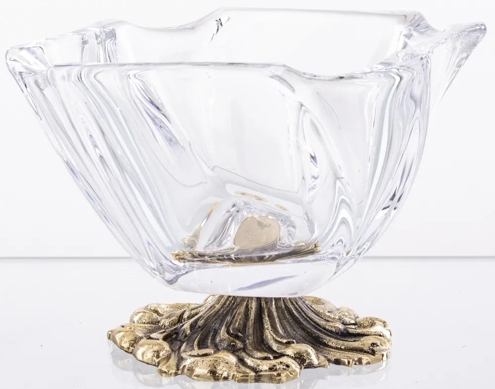 Vastag üvegtálka bonbonier masszív míves sárgaréz talppal 9x12,5x11,5cm