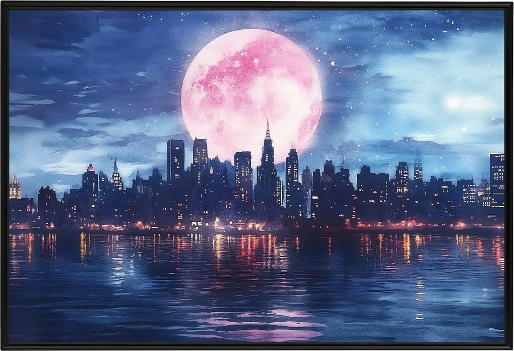 Poszter Keret Alumínium Város Panoráma Felhőkarcolók Folyó Éjszaka Hold 60x40