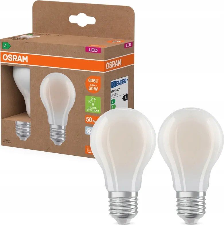 2x Led izzó E27 3,8W 60W 806lm 4000K Filament 213lm/W A osztály Osram