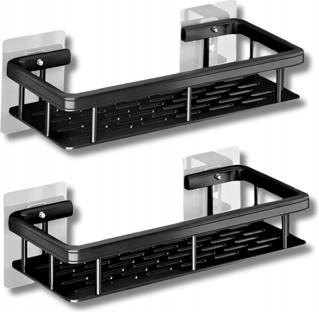 Szett 2 Db Fürdőszoba Polc Akasztós Fém Öntapadós Fekete Loft