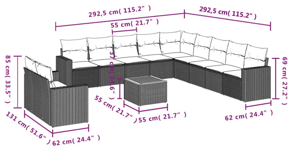 12 részes fekete polyrattan kerti ülőgarnitúra párnákkal