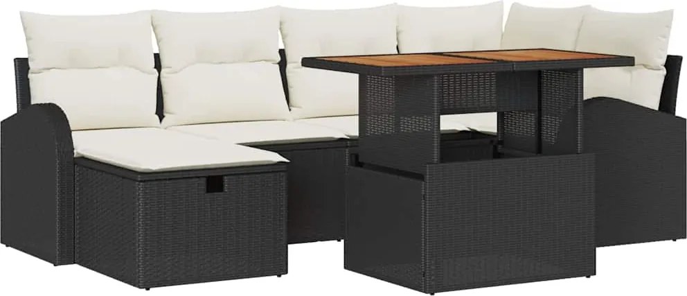 vidaXL Kerti Kanapé Szett párnával tárolóval 7 pcs Fekete polirattan