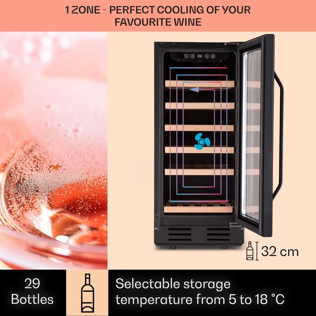 Klarstein Vinovilla 29 Built-In, beépíthető borhűtő, 81 liter, 29 palack, 1 zóna, üvegajtó, rozsdamentes acél
