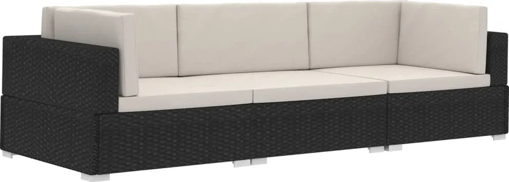 vidaXL 3 darabos fekete polyrattan kerti ülőgarnitúra párnákkal