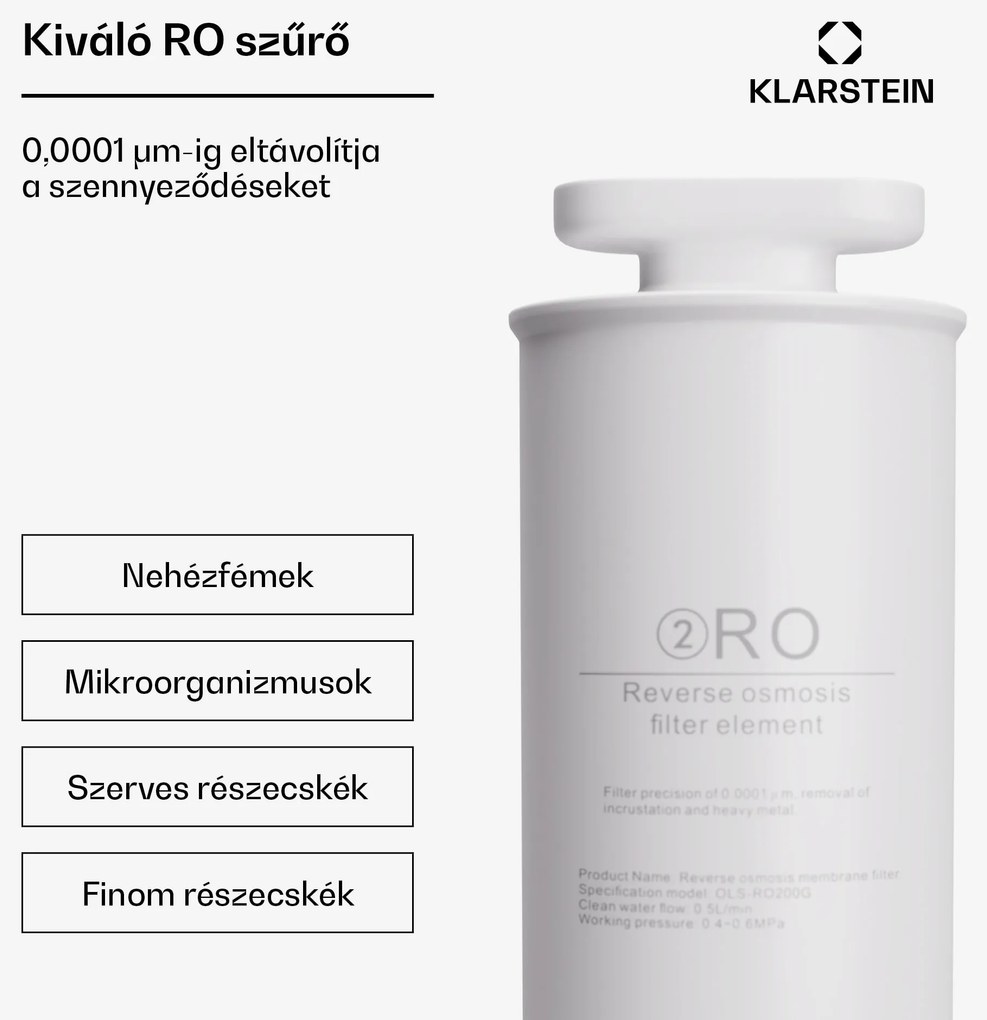 Klarstein AquaFina 200G RO szűrő, fordított ozmózis membrán technológia, vízkezelés