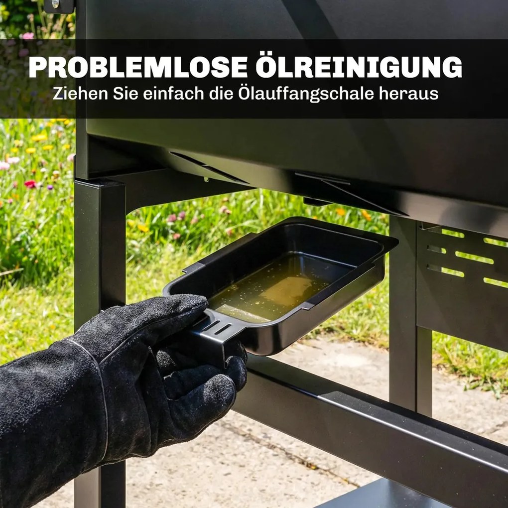Gázgrill 9 KW 3 égős BBQ grillkocsi rozsdamentes acélból, összecsukható oldalsó asztallal, fűszertartóval