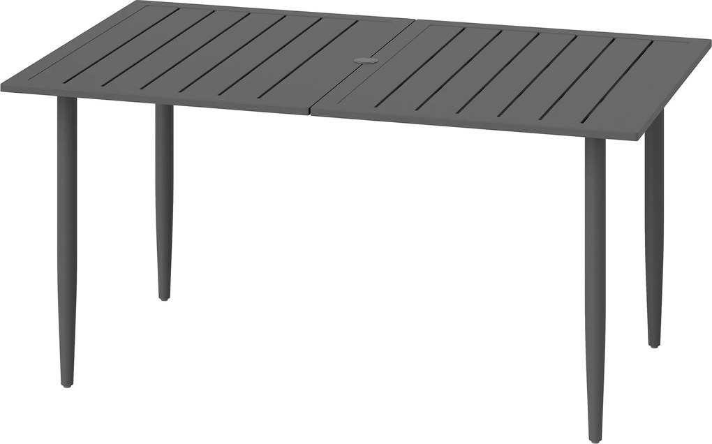 Outsunny 150x90 cm-es Kerti Asztal, Időjárásálló Acél Erkély Asztal, Erkély Asztal Napernyő Lyukkal, Slát Design Kültéri Kemping Asztal, Téglalap Alak