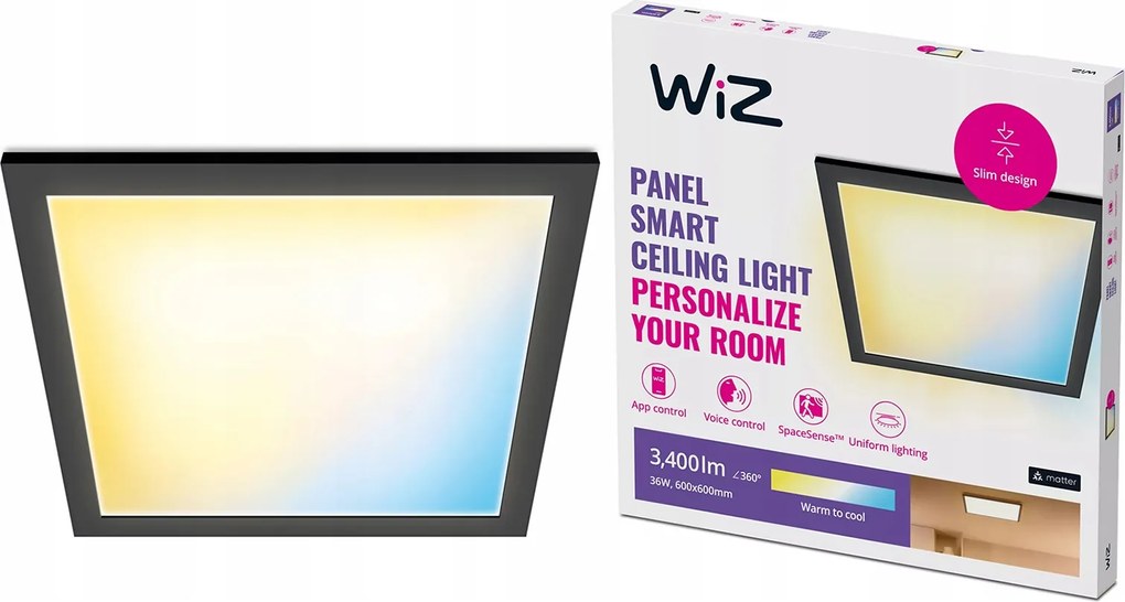 Falra szerelhető Led panel 60x60 Mennyezeti lámpa Kazetta 36W Fekete Smart WiFi WiZ