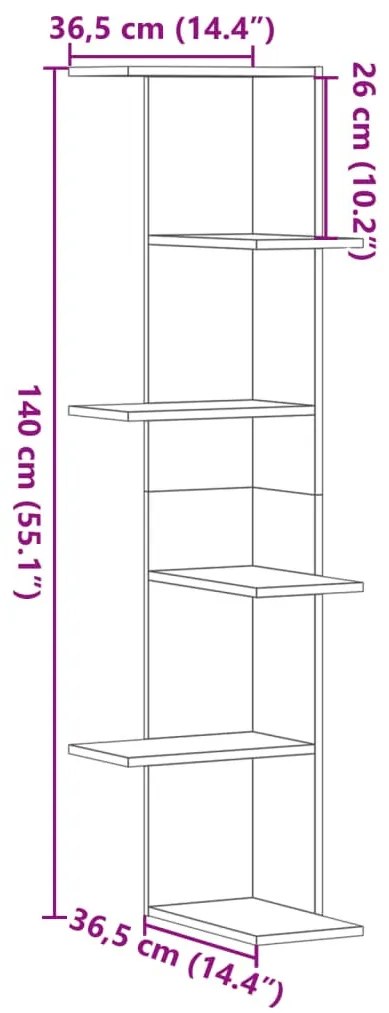 fekete szerelt fa fali sarokpolc 36,5 x 36,5 x 140 cm