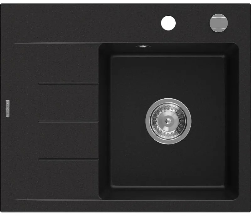 Mexen Ben 1 medencés gránit mosogató csepptálcával, jobb oldali 600 x 500 mm, fekete, krómozott szifon - 6523605000-77