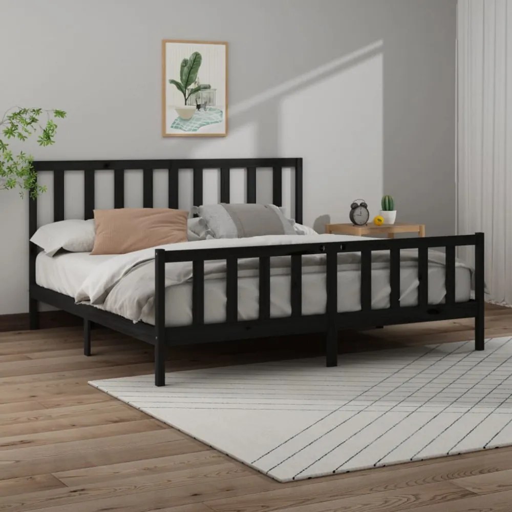 fekete tömör fenyőfa ágykeret 200x200 cm