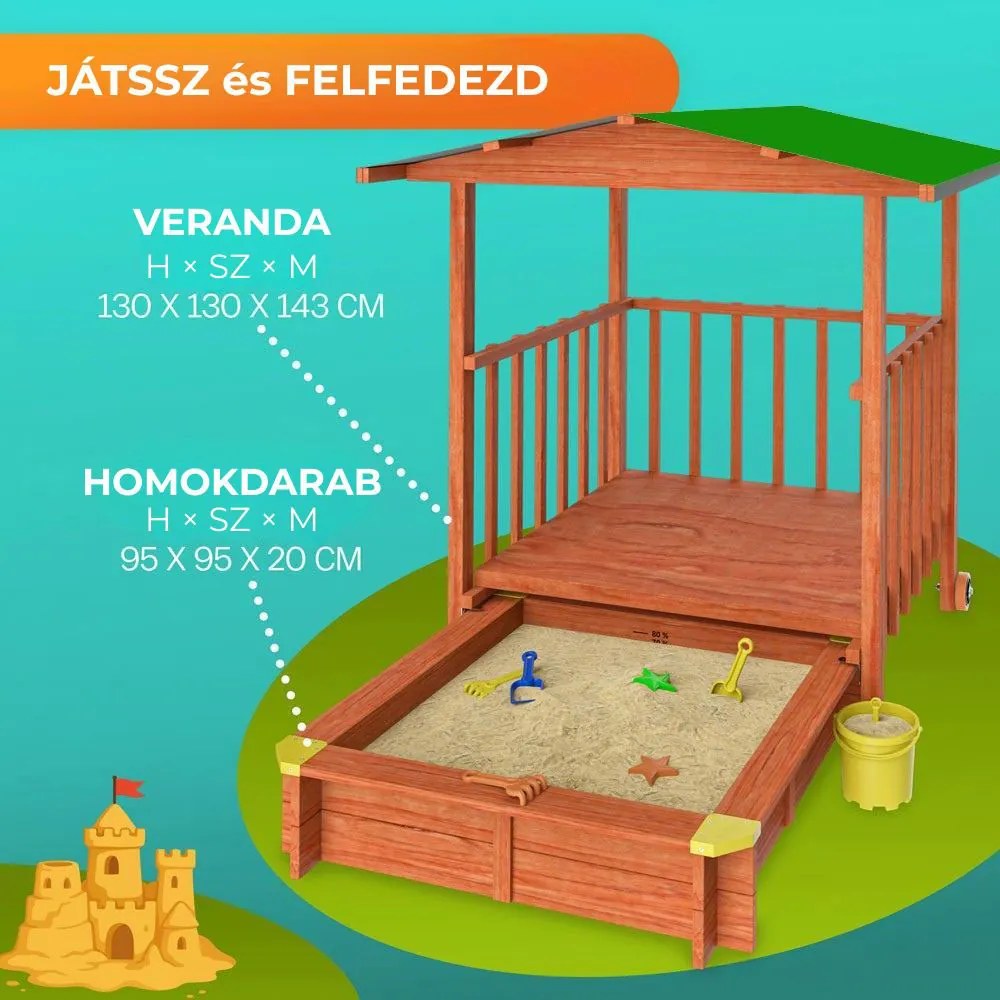 SUNNY verandás homokozó, 130x130x143cm, barna/zöld Jurhan