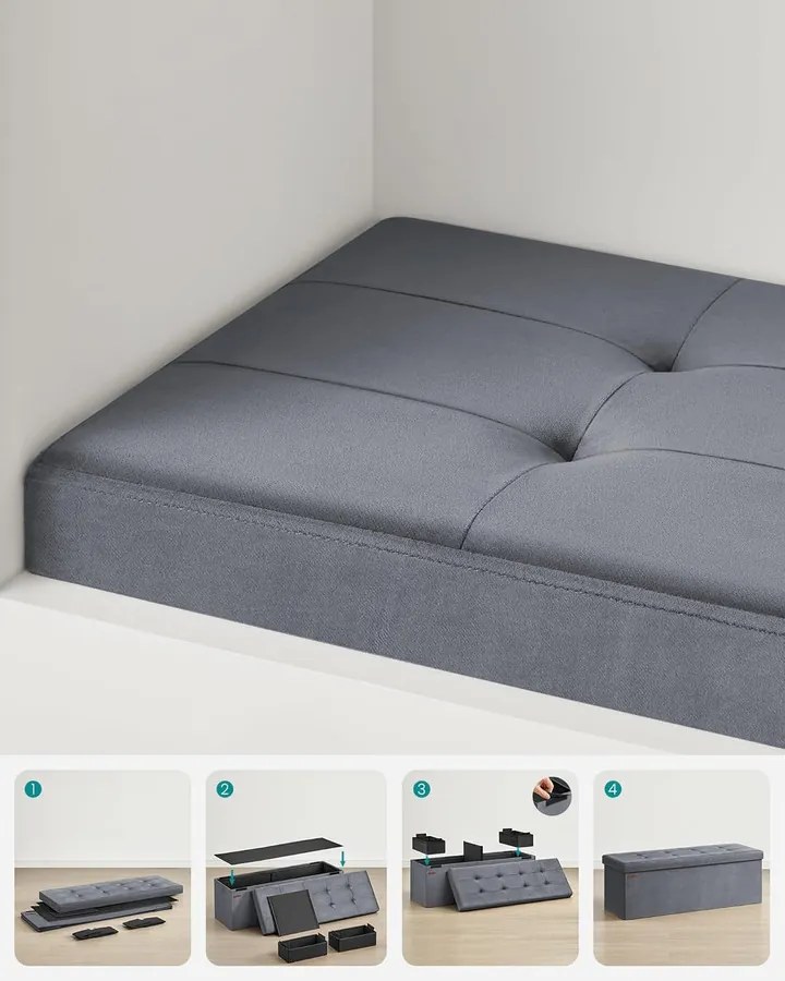 Összecsukható Puff Tárolópad 38 x 110 x 38 cm,  300 kg teherbírás, szürke