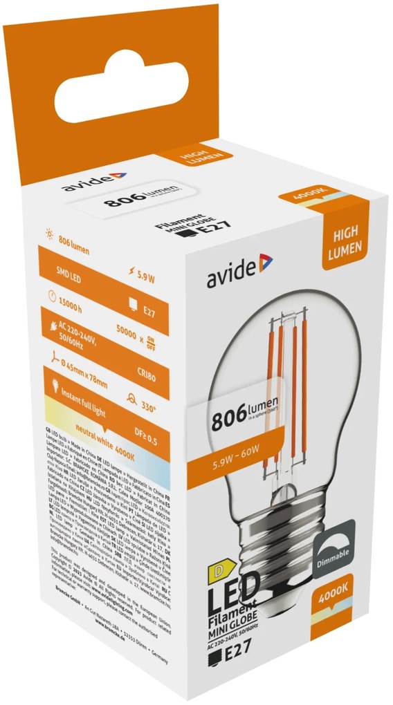 Avide LED Filament Mini Globe 5.9W E27 NW 4000K Fényerőszabályozható