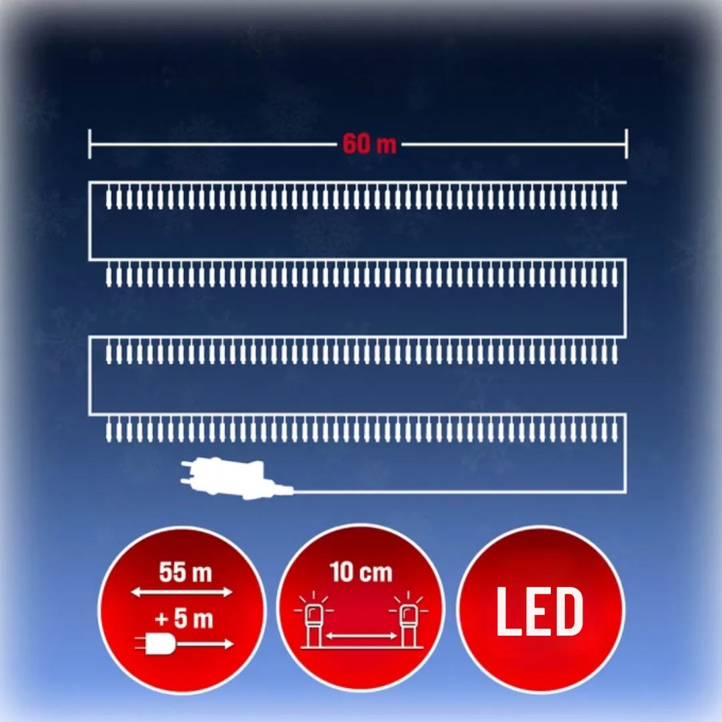 SIMPLE karácsonyi fényfüzér, 60m, hideg fehér Monzana