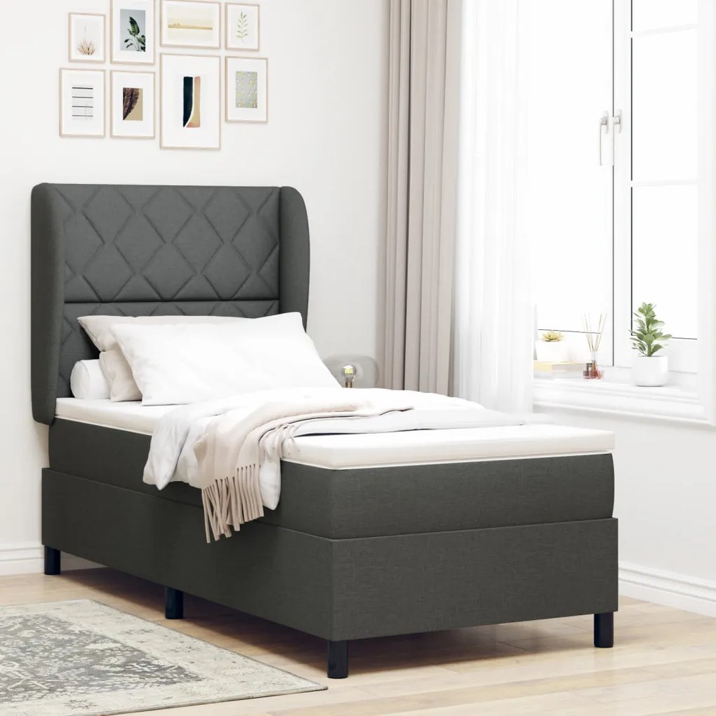 Boxspring Ágy Mattal - Sötétszürke, 90x190 cm, Szövet