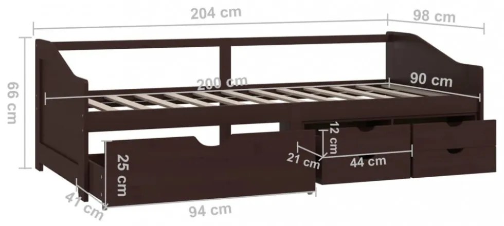 sötétbarna 3-személyes tömör fenyőfa kanapéágy fiókokkal 90x200