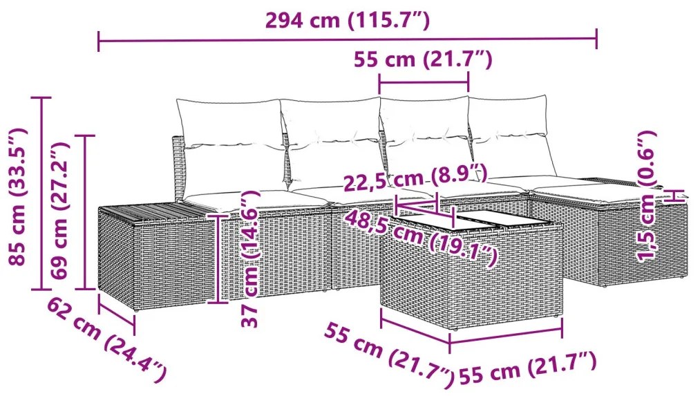 6 részes kertibútor szett párnákkal Bézs Poli Rattan
