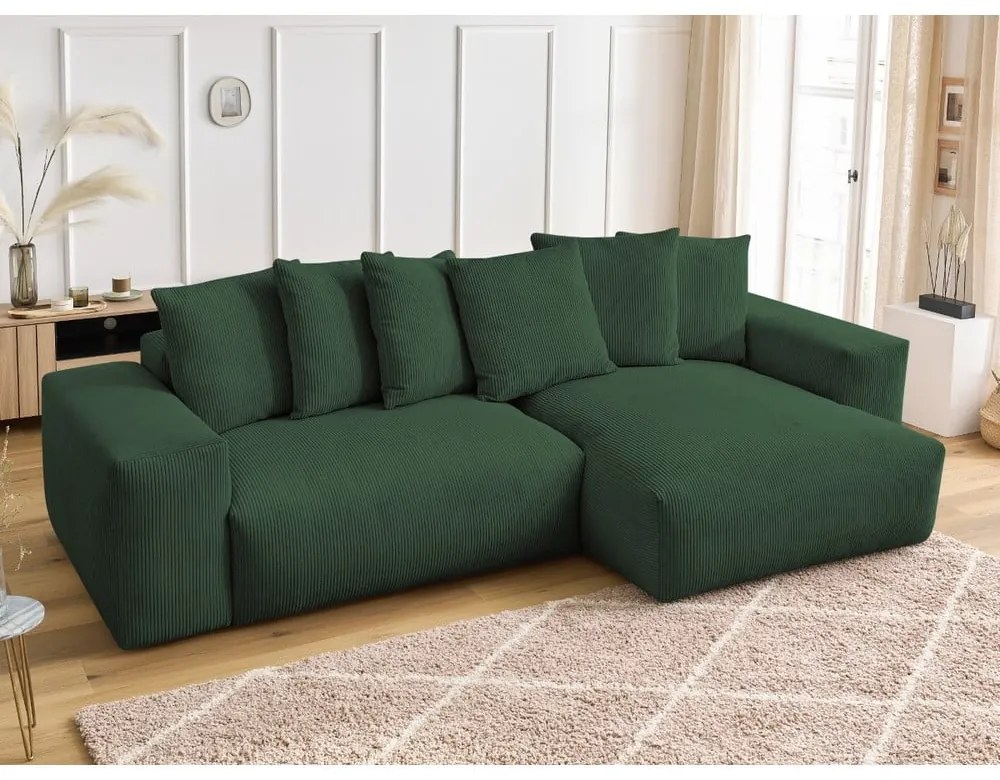 Zöld kordbársony kinyitható-tárolóhelyes sarokkanapé Voltaire – Bobochic Paris