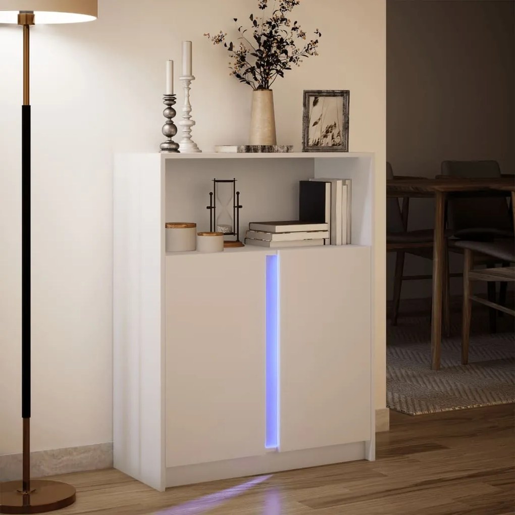 fehér szerelt fa tálalószekrény LED-del 77 x 34 x 100 cm