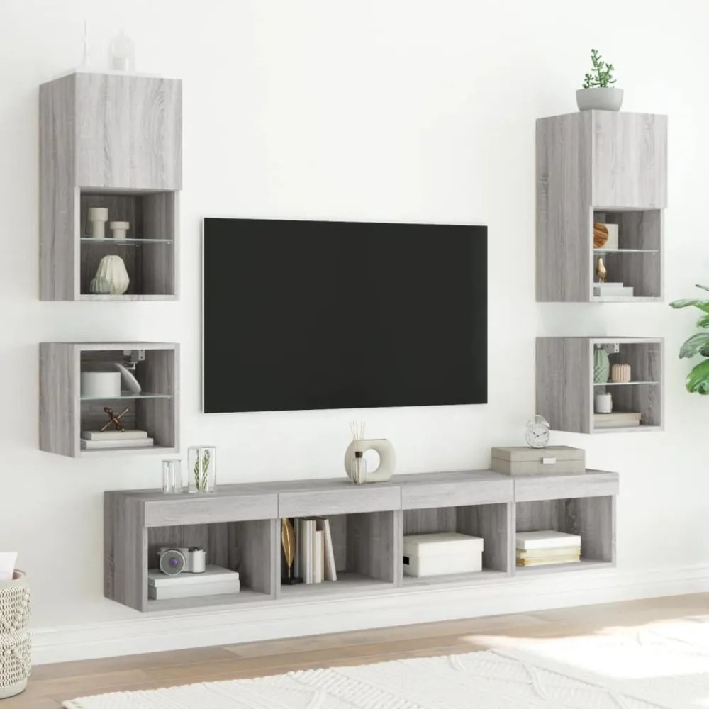 2 db szürke sonoma fali TV-szekrény LED-ekkel 30x28,5x30 cm