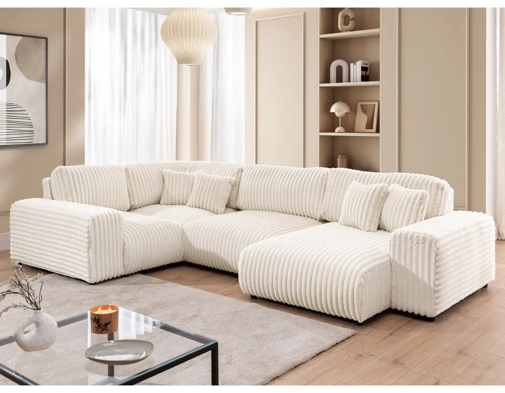 Krémszínű kordbársony sarokkanapé (bal oldali-U alakú) Justin – Ropez