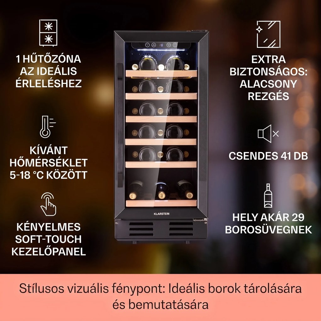 Klarstein Vinovilla 29 Built-In, beépíthető borhűtő, 81 liter, 29 palack, 1 zóna, üvegajtó, rozsdamentes acél