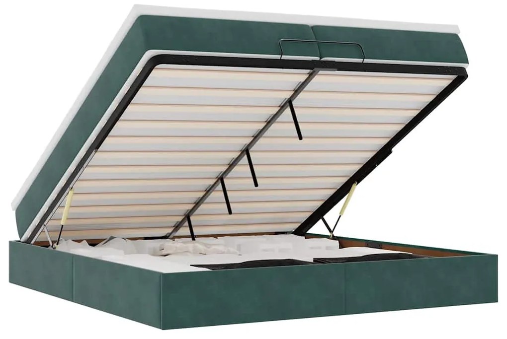 Ottomán ágykeret matracokkal Sötétzöld 200x200cm bársony