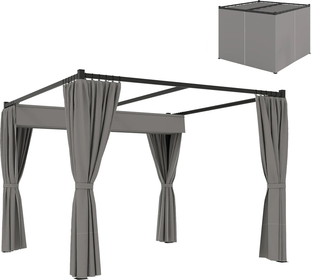 Outsunny Behúzható Tetős Pergola Kert Pavilon 3x3 m Oldalfalakkal, Vízálló Poliészter Napernyő a Kültéri Kertben, Teraszon, Világosszürke | Aosom