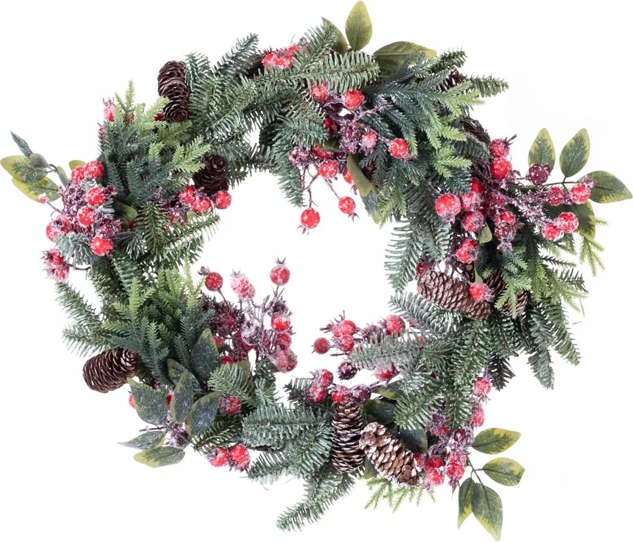 Gazdagon díszített koszorú fenyőből és piros gyümölcsökből nagy 50cm