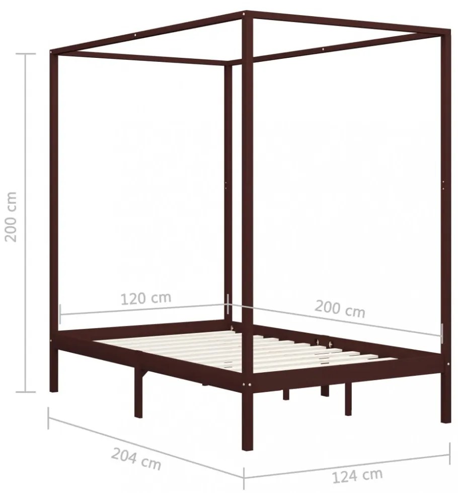sötétbarna tömör fenyőfa baldachinos ágykeret 120 x 200 cm