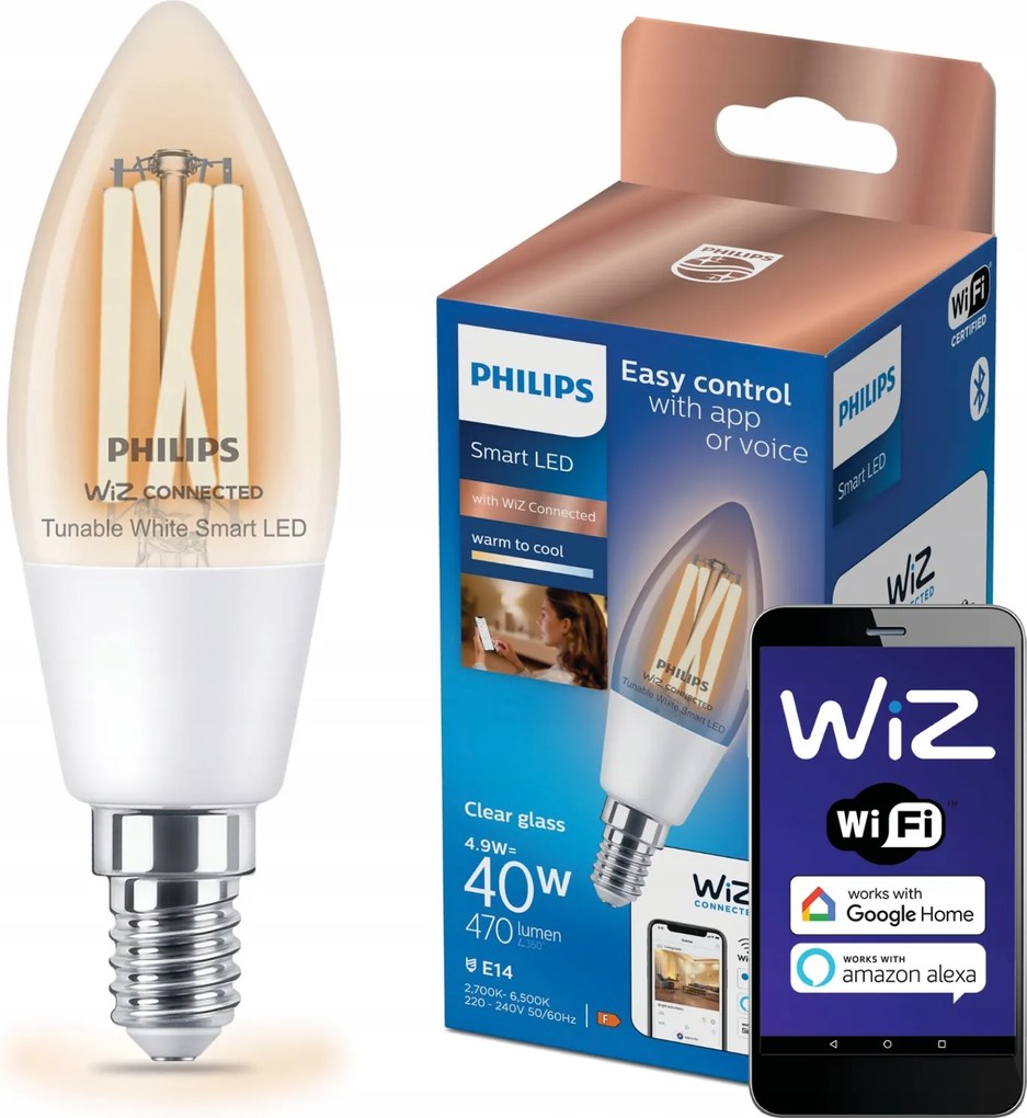 Led izzó E14 C35 4,9W 40W 2700-6500K Filament Smart WiFi Philips WiZ