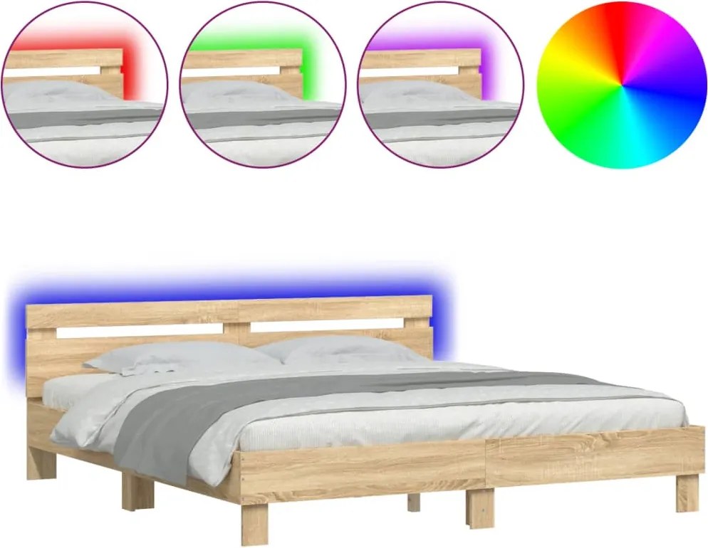 vidaXL sonoma tölgy színű ágykeret fejtámlával és LED-del 160 x 200 cm