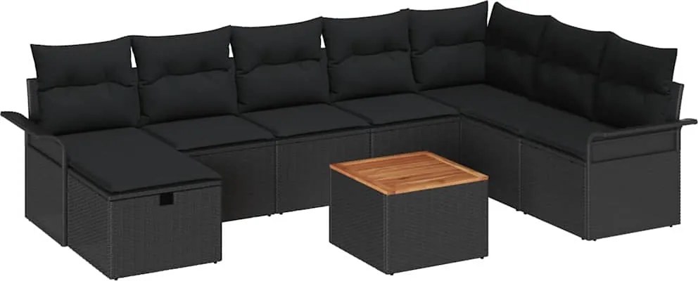 vidaXL Kerti Kanapé Szett párnával tárolóval 9 pcs Fekete Poli rattan