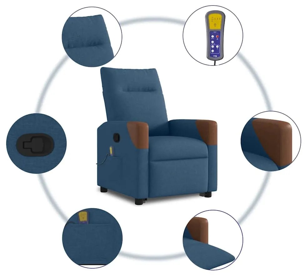 kék szövet felállást segítő dönthető masszázsfotel