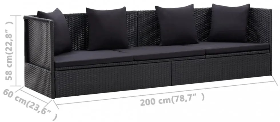 fekete polyrattan kerti ágy ülő- és hátpárnával