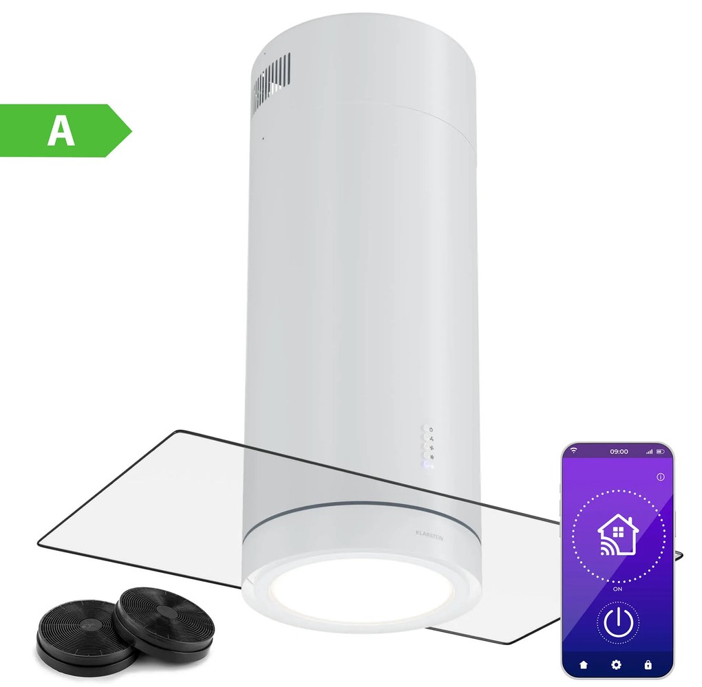 Klarstein Beretta Premium Smart, sziget páraelszívó, 544 m³/h, alkalmazás, elszívás/légkeringetés, LED, aktívszenes szűrő